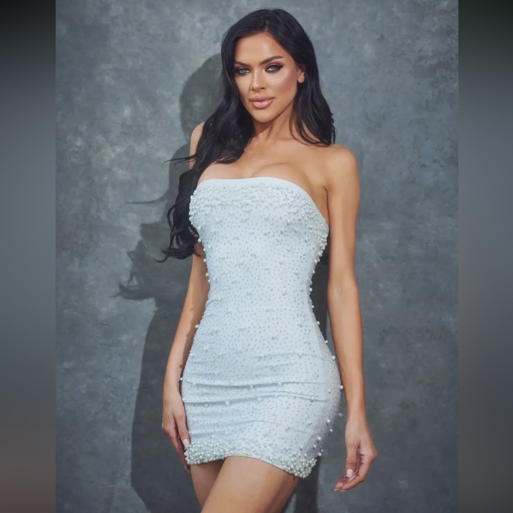 Silver/White Strapless Pearl Rhinestone Mini Dress - NWT